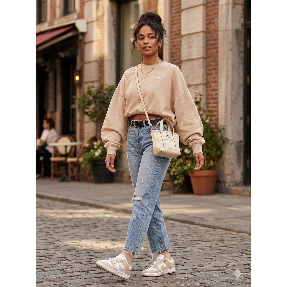 Nike Sportswear Essential Fleece Crewneck‎ Sweatshirt Tan Beige Cropped Small